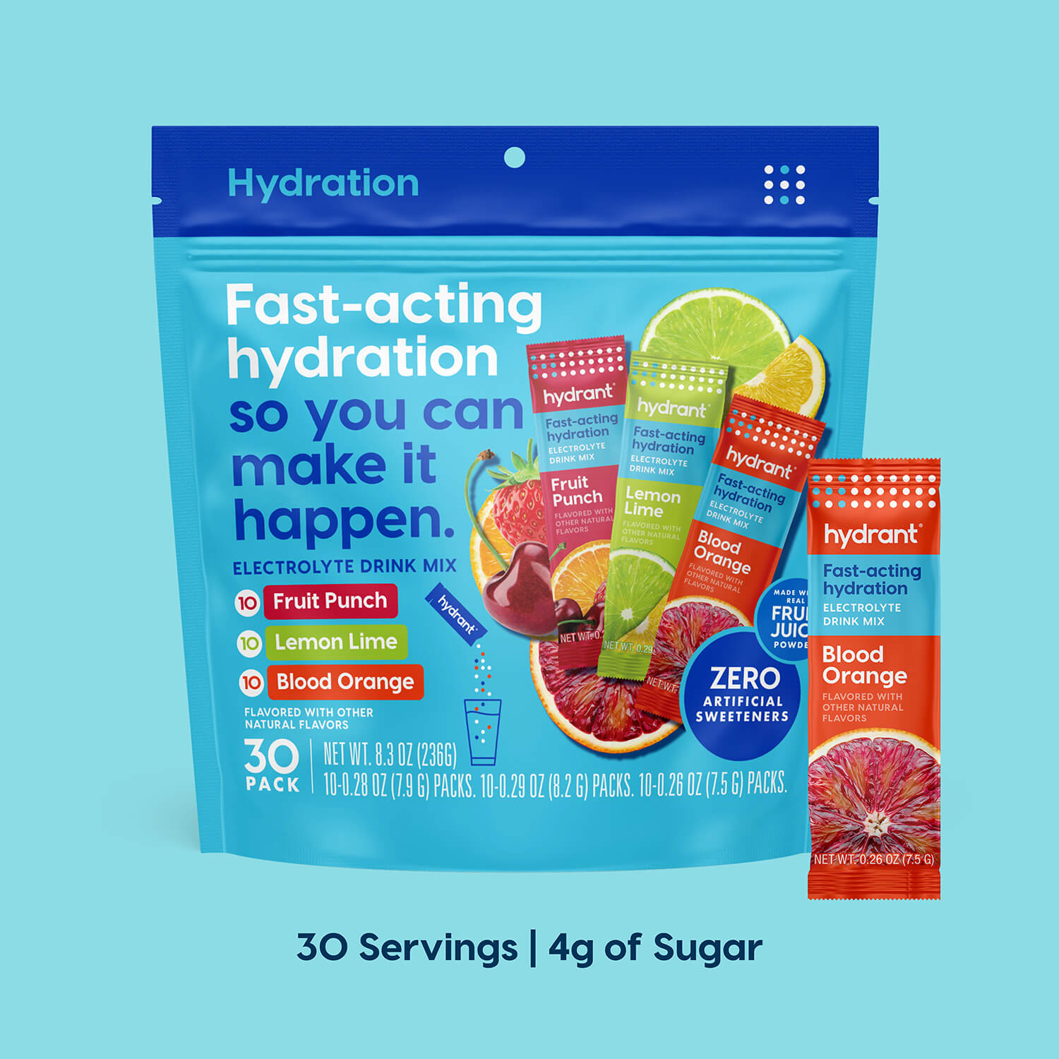 Hydrant electrolyte drink mix packaging featuring three flavors: Fruit Punch, Lemon Lime, Blood Orange.
